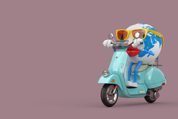 Fun Cartoon Fashion Hipster Cut Earth Globe Person Character Mascot Riding Classic Vintage Retro or Electric Scooter. 3d Rendering
