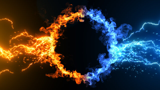 Fire and Ice Concept Design with spark. 3d illustration.