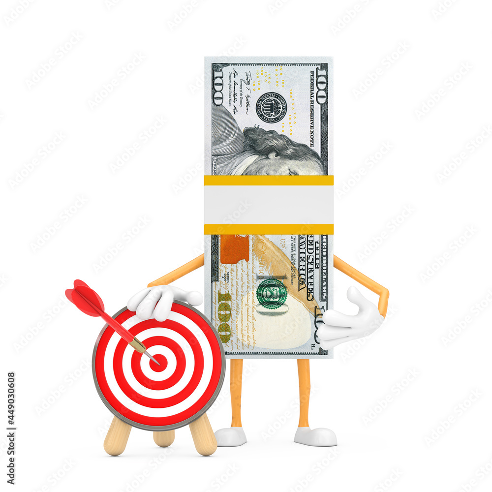 Fototapete stack of one hundred dollar bills person character mascot with archery target and dart in center. 3d