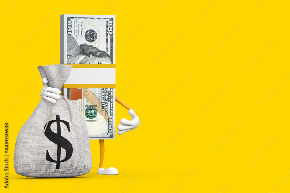 Poster stack of one hundred dollar bills person character mascot with tied rustic canvas linen money sack o