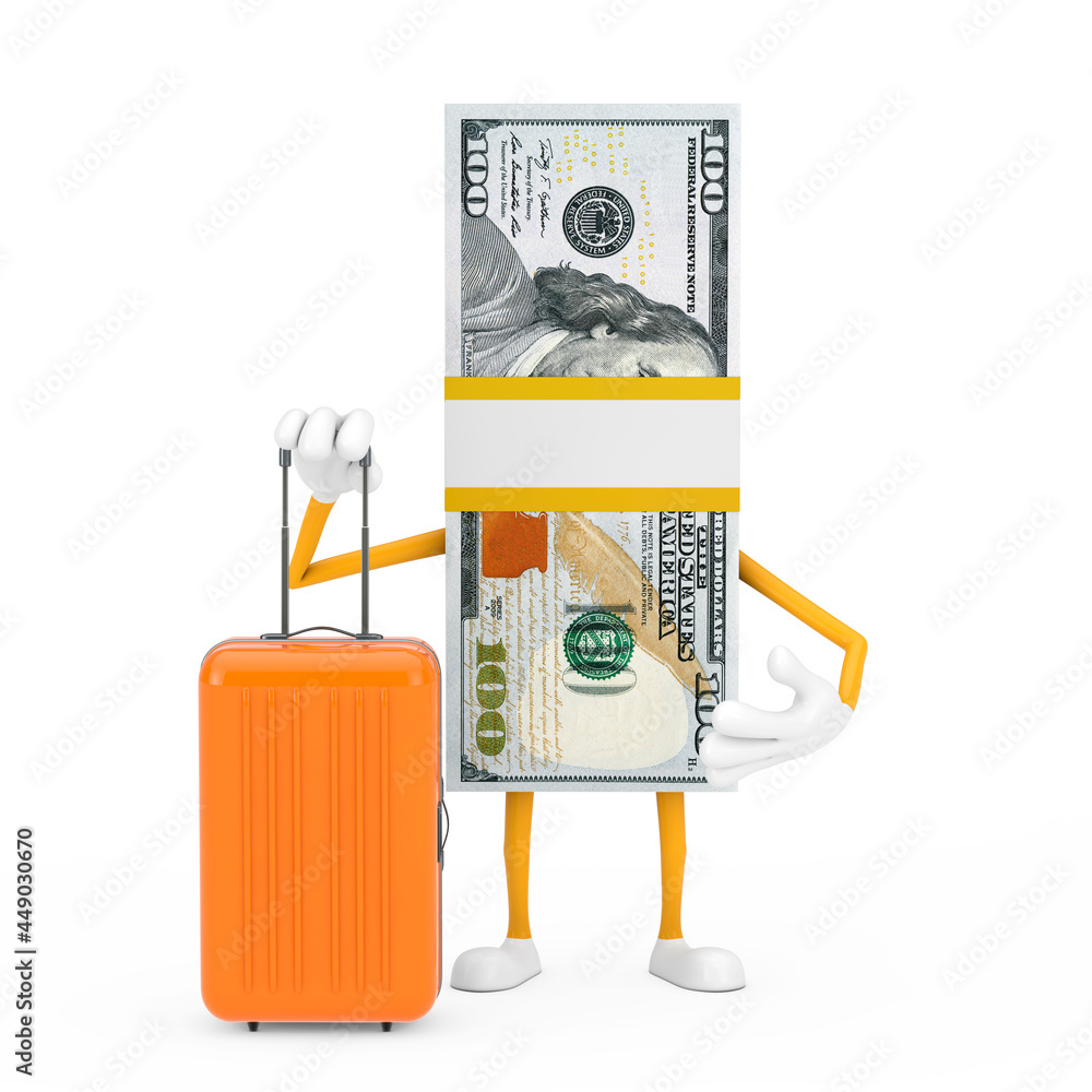 Aufkleber Stack of One Hundred Dollar Bills Person Character Mascot with Orange Travel Suitcase. 3d Rendering
