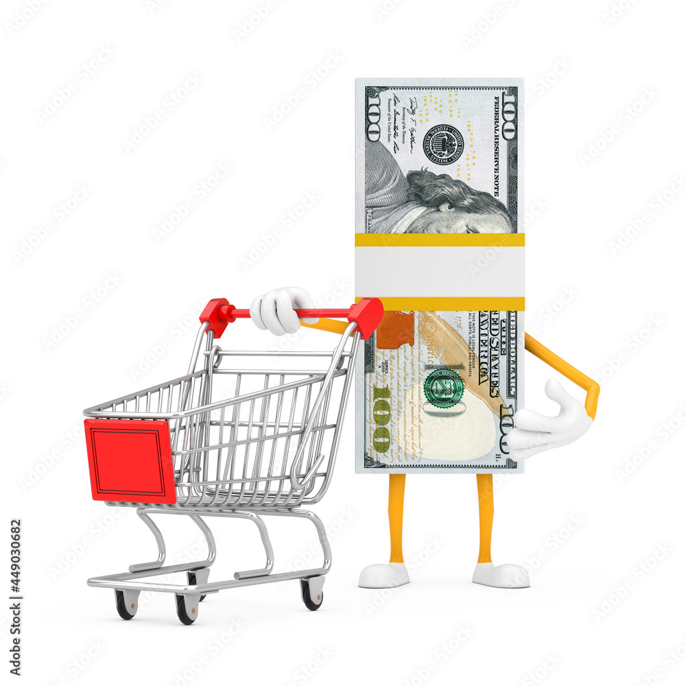 Poster stack of one hundred dollar bills person character mascot with shopping cart trolley. 3d rendering