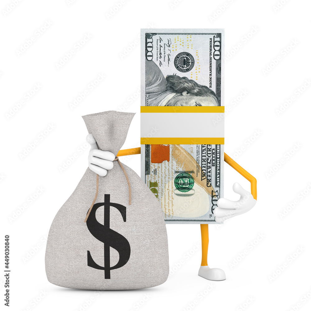 Poster stack of one hundred dollar bills person character mascot with tied rustic canvas linen money sack o