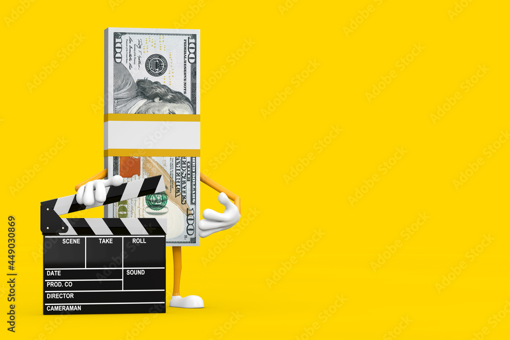 Aufkleber Stack of One Hundred Dollar Bills Person Character Mascot with Movie Clapper Board. 3d Rendering