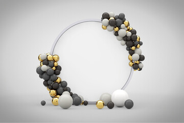 Abstract Presentation Circle Screen Podium with Balls and Free Space for Your Design. 3d Rendering