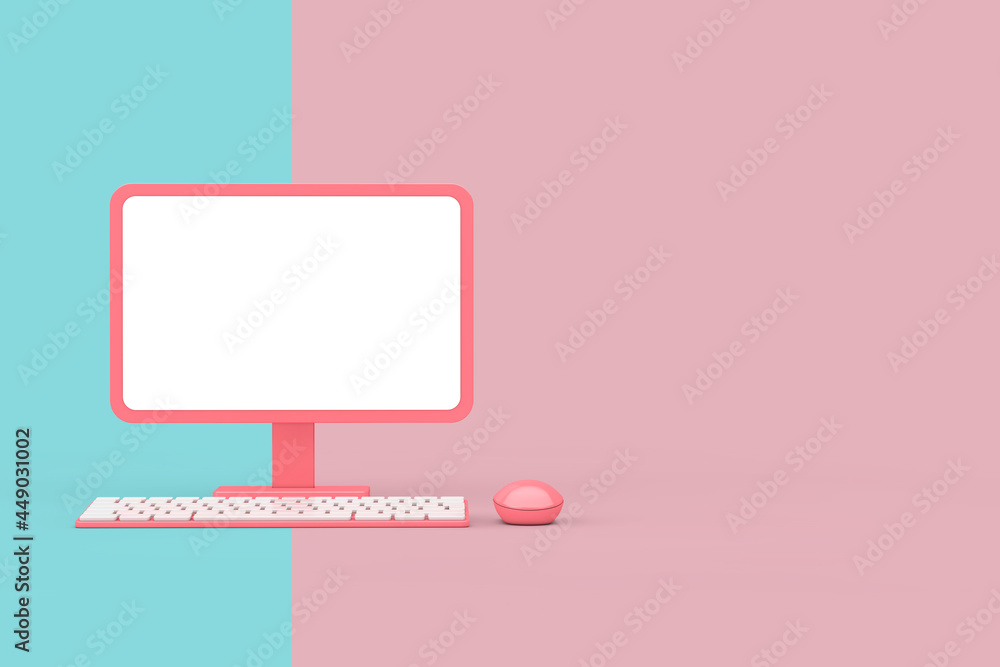 Fototapete abstract cartoon pink desktop computer with mouse, keyboard and blank screen for your design in duot