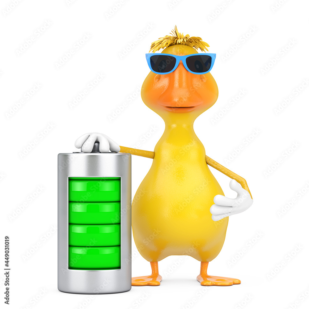 Aufkleber cute yellow cartoon duck person character mascot with abstract charging battery. 3d rendering