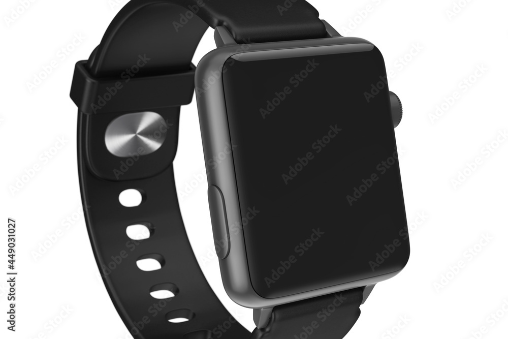 Poster black modern smart watch mockup and strap with blank black screen for your design closeup. 3d render