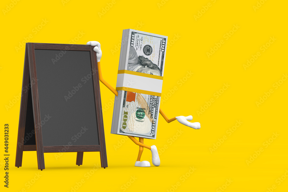Poster stack of one hundred dollar bills person character mascot with blank wooden menu blackboards outdoor