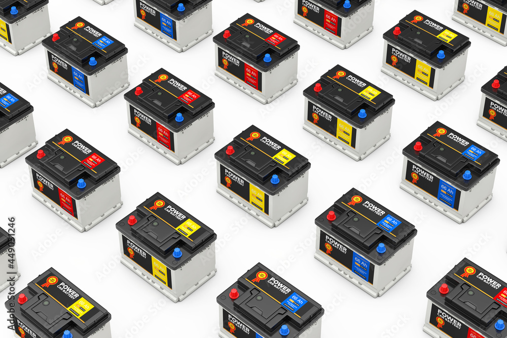 Poster Rows of Rechargeable Car Battery 12V Accumulators with Abstract Label. 3d Rendering