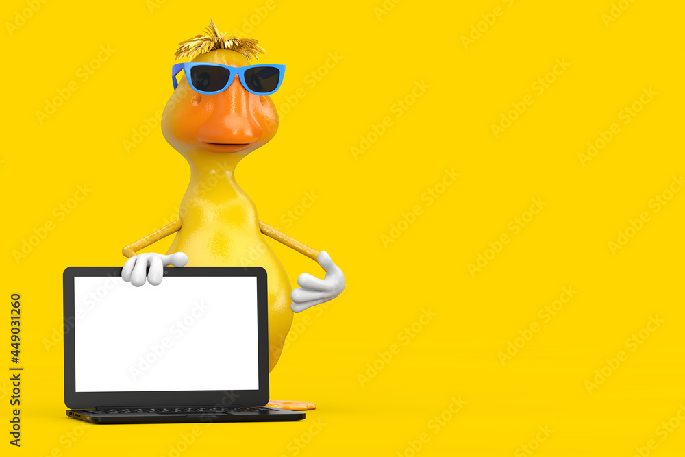 Leinwandbilder cute yellow cartoon duck person character mascot with modern laptop computer notebook and blank scre