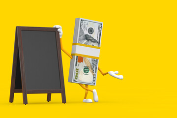 Stack of One Hundred Dollar Bills Person Character Mascot with Blank Wooden Menu Blackboards Outdoor Display. 3d Rendering