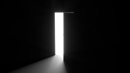 Puerta abierta con una habitación deslumbrante y blanca, luz incandescente. 3D render.