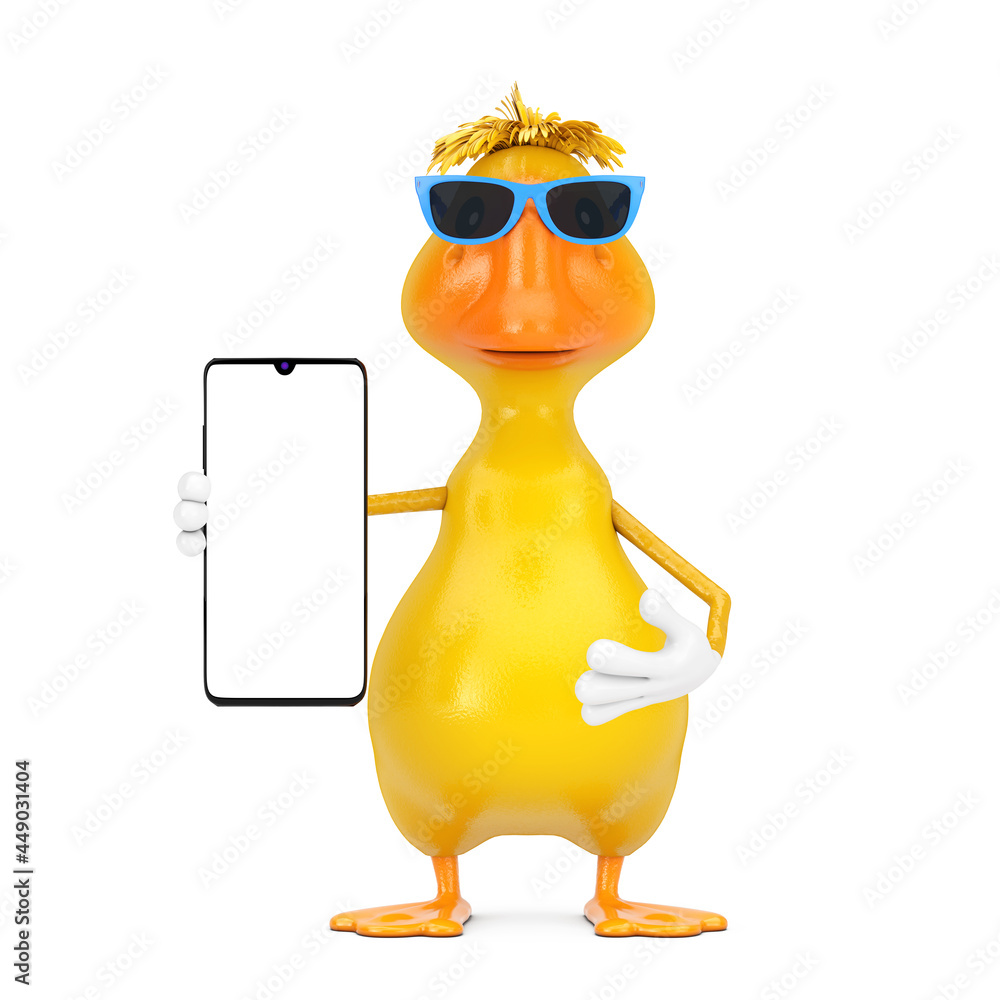 Aufkleber cute yellow cartoon duck person character mascot and modern mobile phone with blank screen for your 