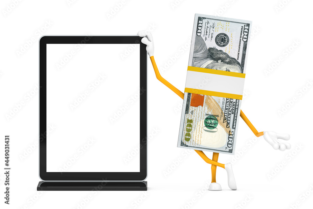 Fototapete Stack of One Hundred Dollar Bills Person Character Mascot with Blank Trade Show LCD Screen Stand as Template for Your Design. 3d Rendering