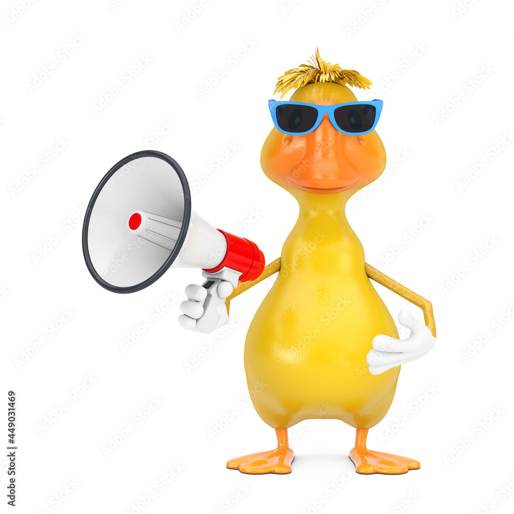 Poster cute yellow cartoon duck person character mascot with red retro megaphone. 3d rendering