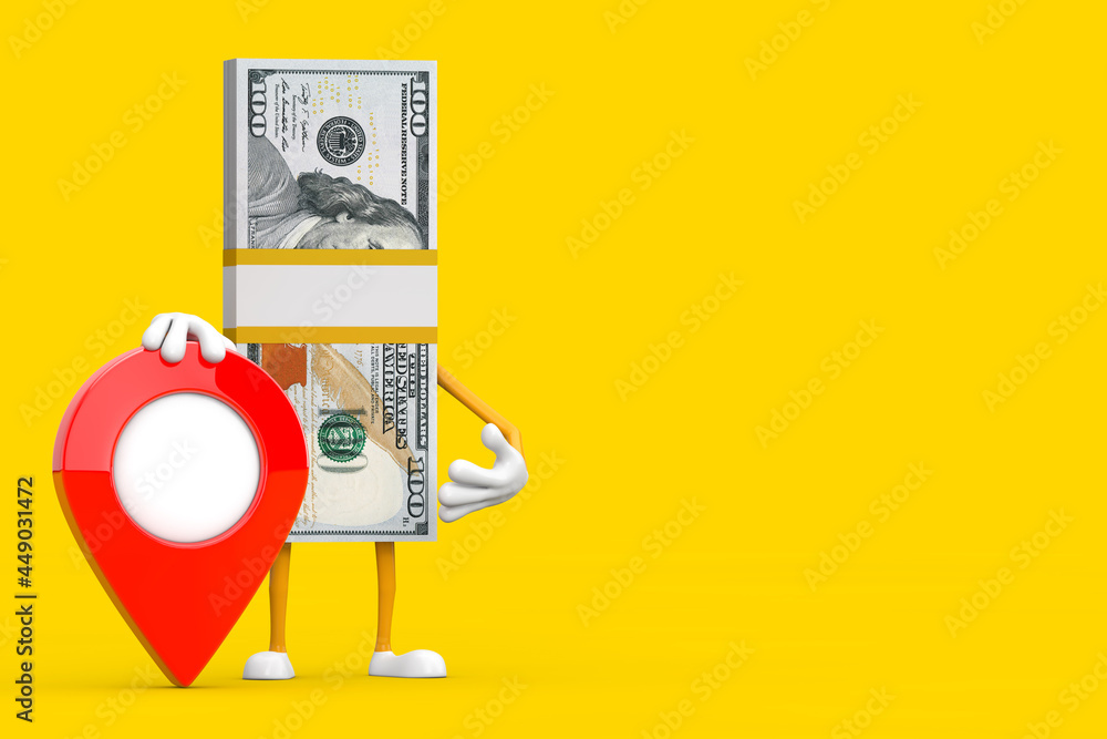 Poster stack of one hundred dollar bills person character mascot with red map pointer target pin. 3d render