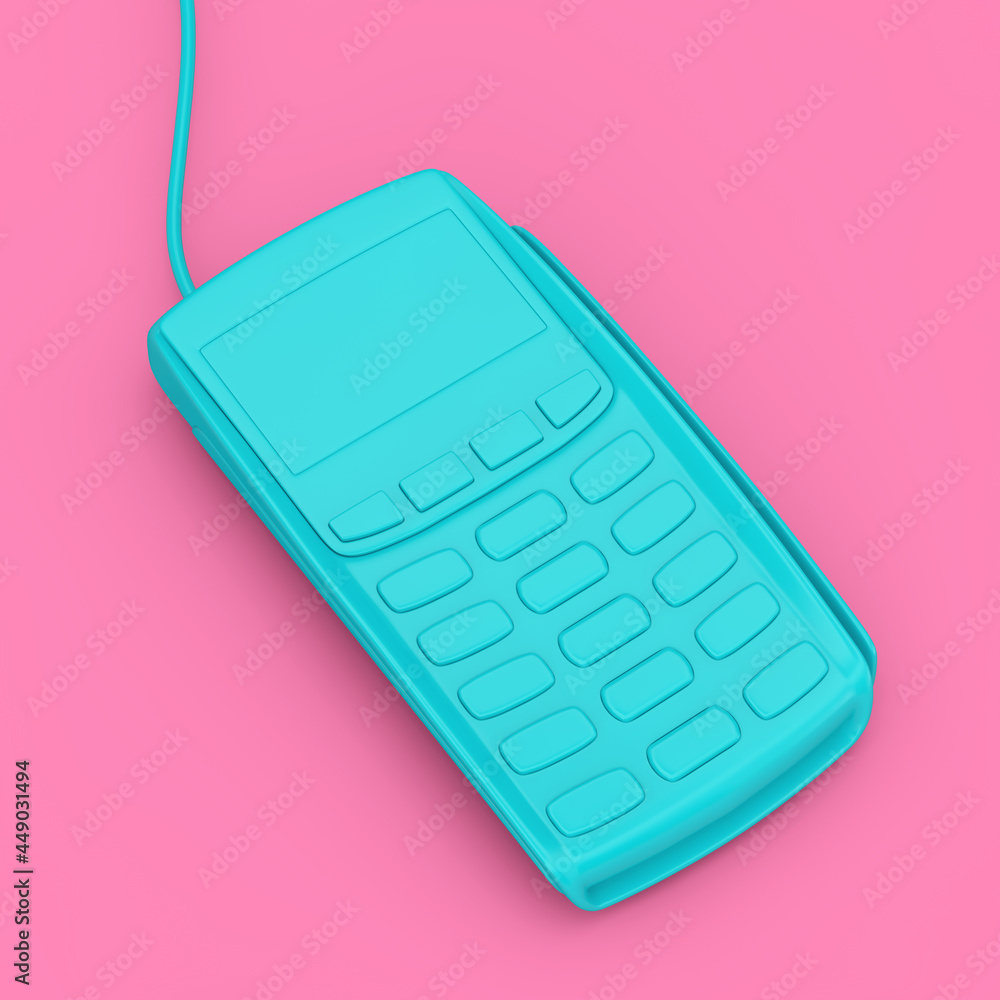 Poster blue credit card payment terminal in duotone style. 3d rendering