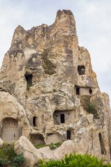 Amazing Volcanic rock formations known as Love Valley or Fairy Chimneys in Cappadocia, Turkey. Mushroom Valley one of attractions in Goreme National Park, Turkey. Mountains with rooms inside