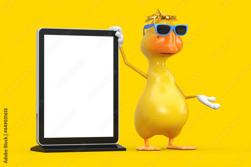Aufkleber Cute Yellow Cartoon Duck Person Character Mascot with Blank Trade Show LCD Screen Stand as Template for Your Design. 3d Rendering