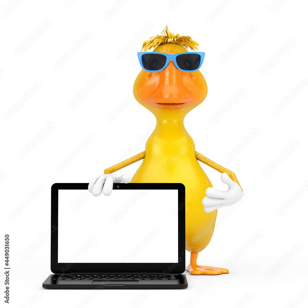 Poster Cute Yellow Cartoon Duck Person Character Mascot with Modern Laptop Computer Notebook and Blank Screen for Your Design. 3d Rendering
