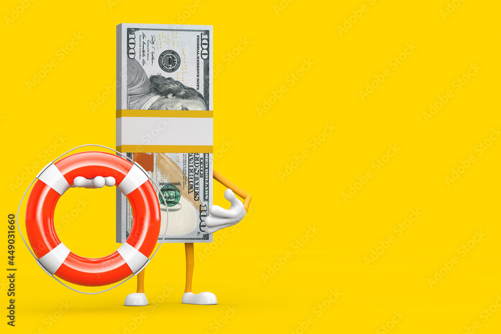 Aufkleber stack of one hundred dollar bills person character mascot with life buoy. 3d rendering