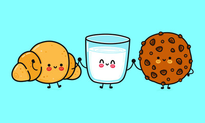 Funny cute happy chocolate cookies, glass of milk and croissant characters bundle set. Vector kawaii line cartoon style illustration. Chocolate cookies, glass of milk and croissant friends