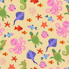 Seamless pattern with octopuses, stingray, turtles, seahorse, fishes. Hand-drawn style. Design for decorating a nursery.	