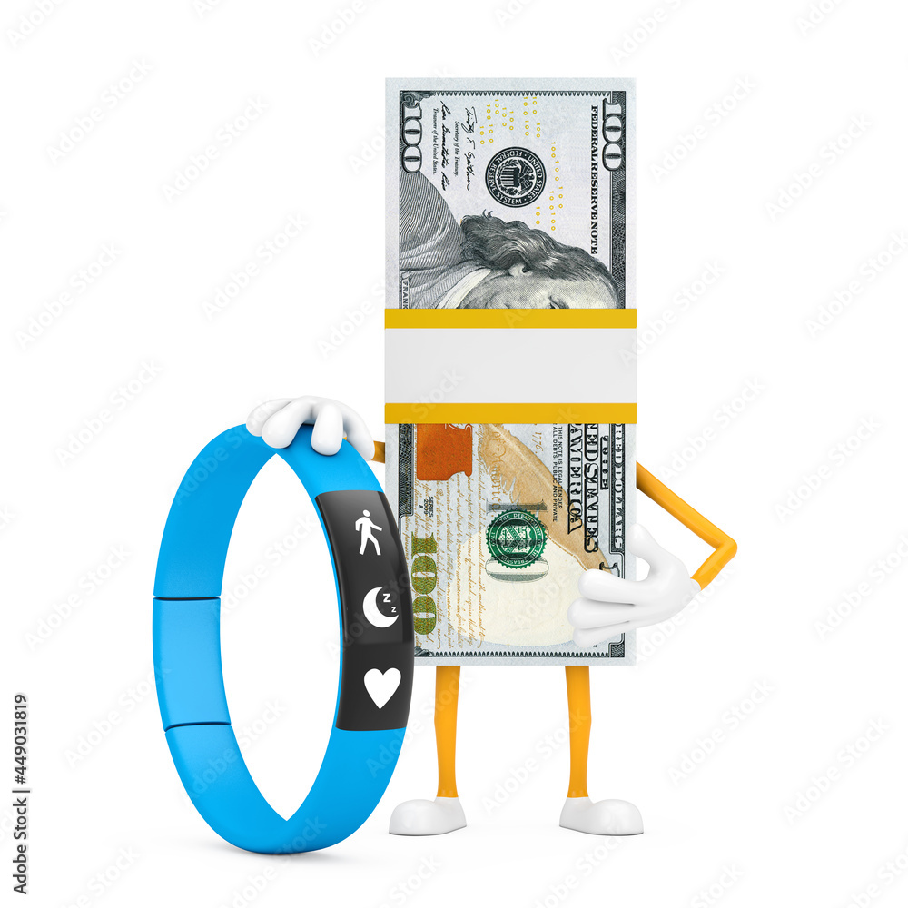 Poster stack of one hundred dollar bills person character mascot with blue fitness tracker. 3d rendering