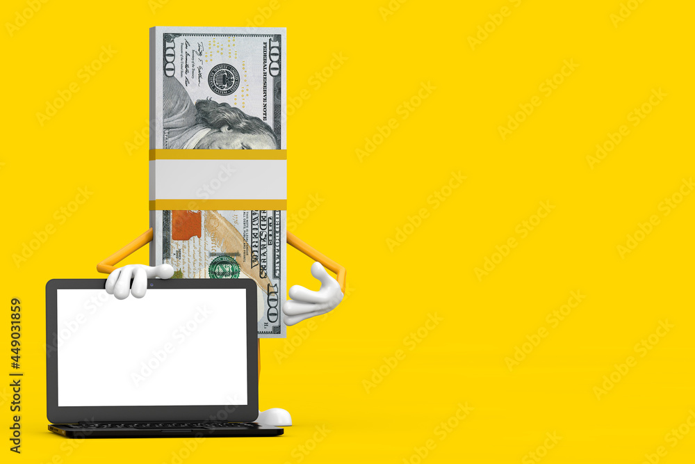 Poster stack of one hundred dollar bills person character mascot with modern laptop computer notebook and b