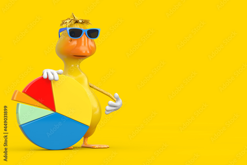 Aufkleber Cute Yellow Cartoon Duck Person Character Mascot with Info Graphics Business Pie Chart. 3d Rendering