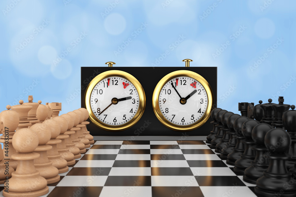 Aufkleber chess with chess board and chess clock. 3d rendering