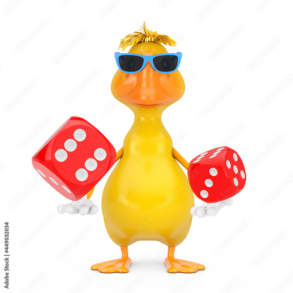 Leinwandbilder cute yellow cartoon duck person character mascot with red game dice cubes in flight. 3d rendering