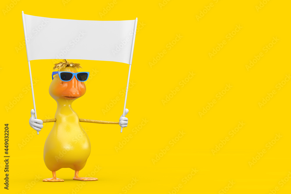 Poster cute yellow cartoon duck person character mascot and empty white blank banner with free space for yo
