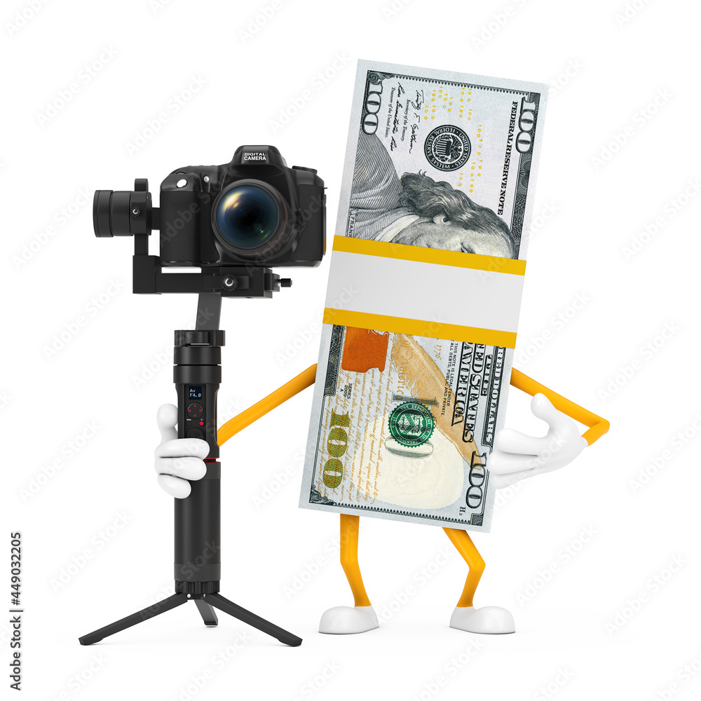 Leinwandbilder Stack of One Hundred Dollar Bills Person Character Mascot with DSLR or Video Camera Gimbal Stabilization Tripod System. 3d Rendering