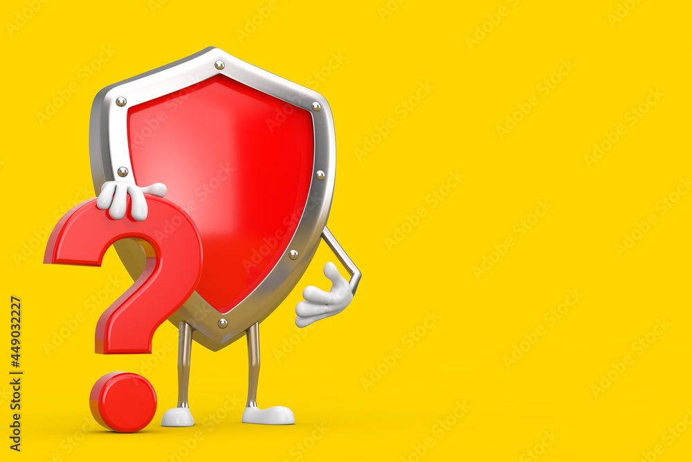 Aufkleber Red Metal Protection Shield Person Character Mascot with Red Question Mark Sign. 3d Rendering
