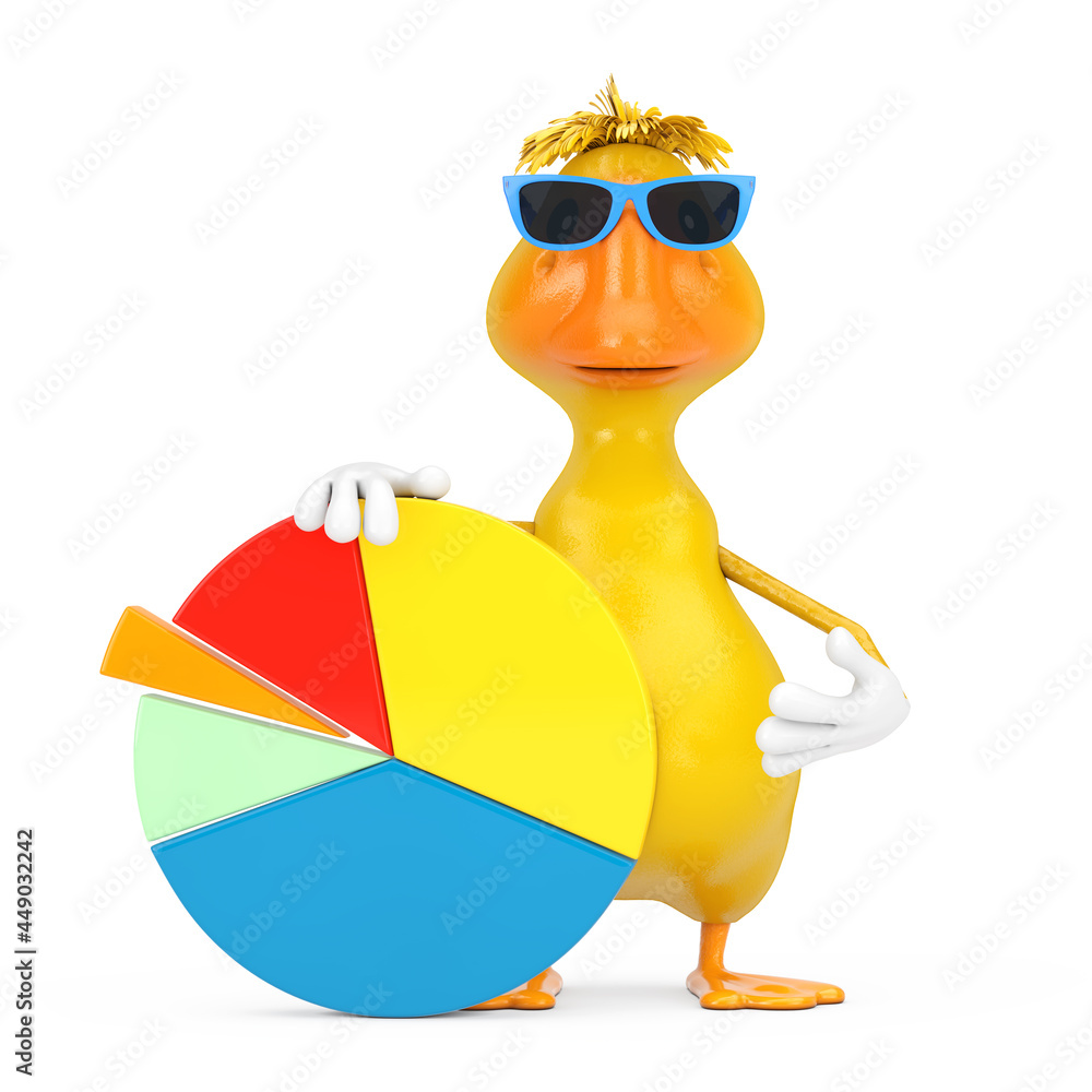 Aufkleber cute yellow cartoon duck person character mascot with info graphics business pie chart. 3d rendering