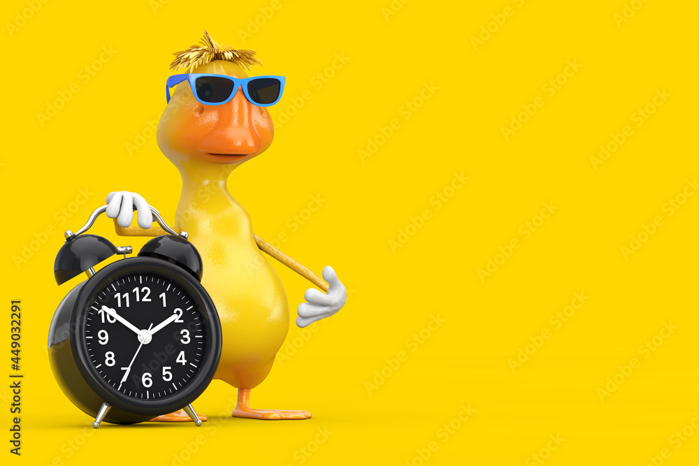 Poster cute yellow cartoon duck person character mascot with alarm clock. 3d rendering