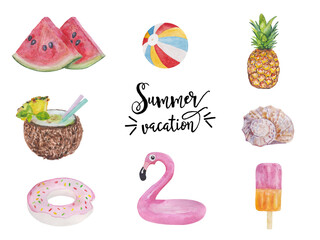 Set of cute summer vacation objects: food, drinks, fruits, flamingos and shell . Collection of isolated watercolor elements