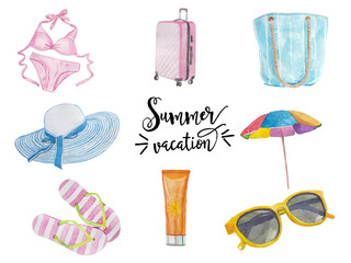 Set of cute summer vacation objects: swimsuit, suitcase, sunscreen, glasses, hat and flip flops. Collection of isolated watercolor elements.