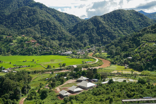 Beautiful aerial view of rice paddy field in Sapan village, Nan province, Thailand.