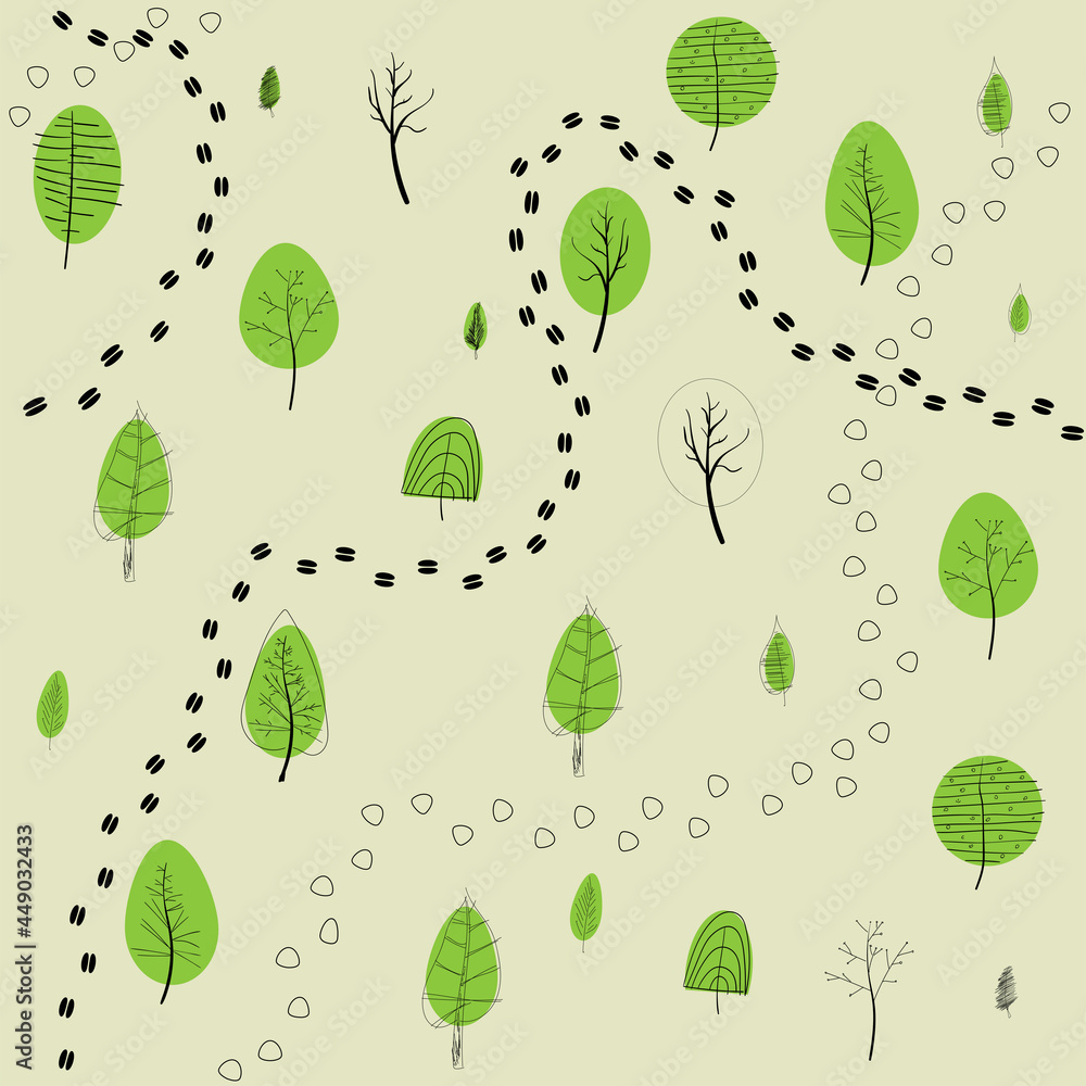 Wall mural Seamless texture of vector sketches of footprints of wild animals in the forest.