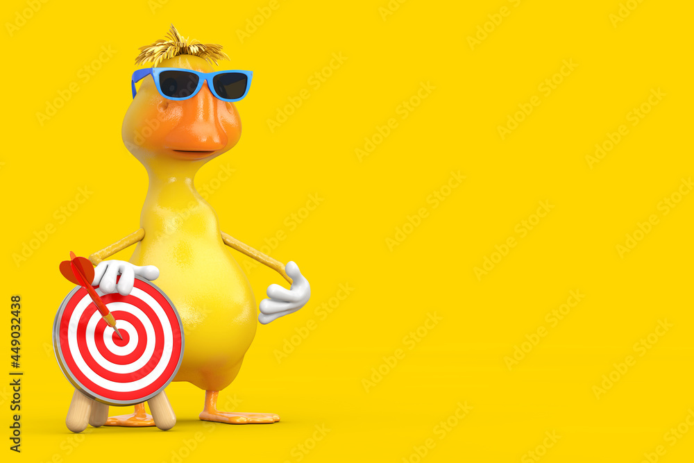 Poster cute yellow cartoon duck person character mascot with archery target and dart in center. 3d renderin