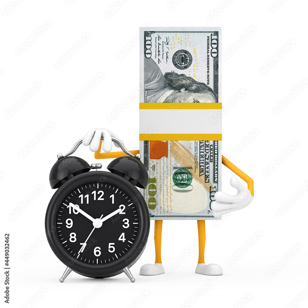 Leinwandbilder stack of one hundred dollar bills person character mascot with alarm clock. 3d rendering