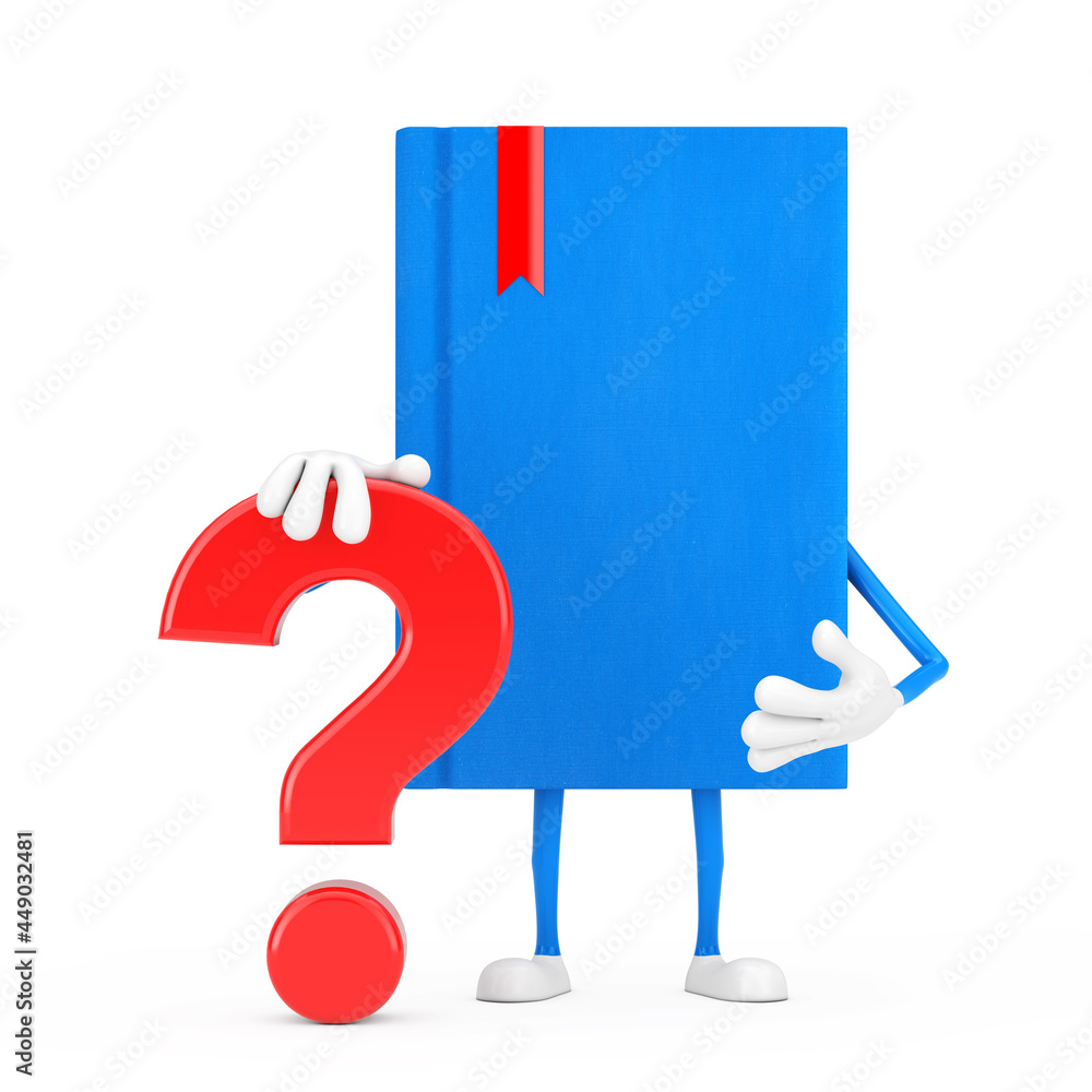 Poster blue book mascot person character with red question mark sign. 3d rendering