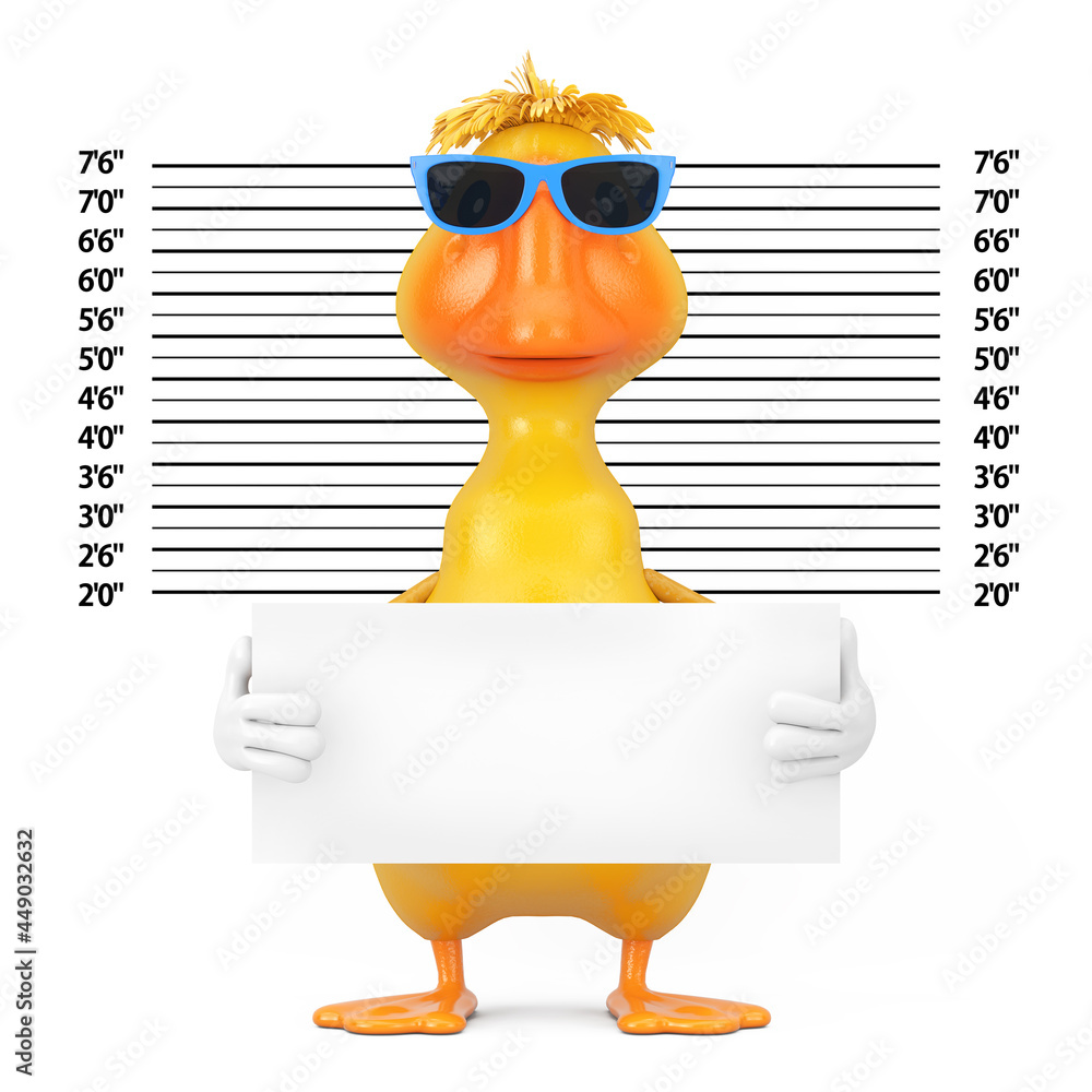 Poster cute yellow cartoon duck person character mascot with identification plate in front of police lineup