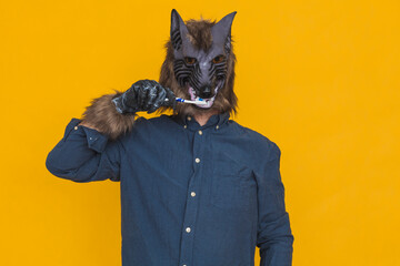 A werewolf brushing its teeth