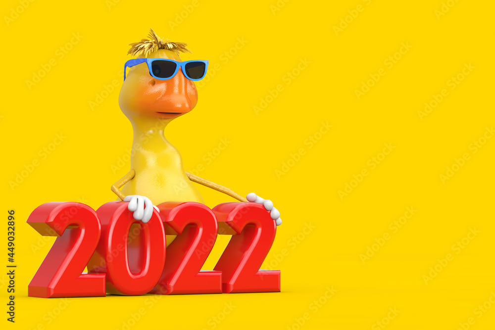 Aufkleber cute yellow cartoon duck person character mascot with red 2022 new year sign. 3d rendering