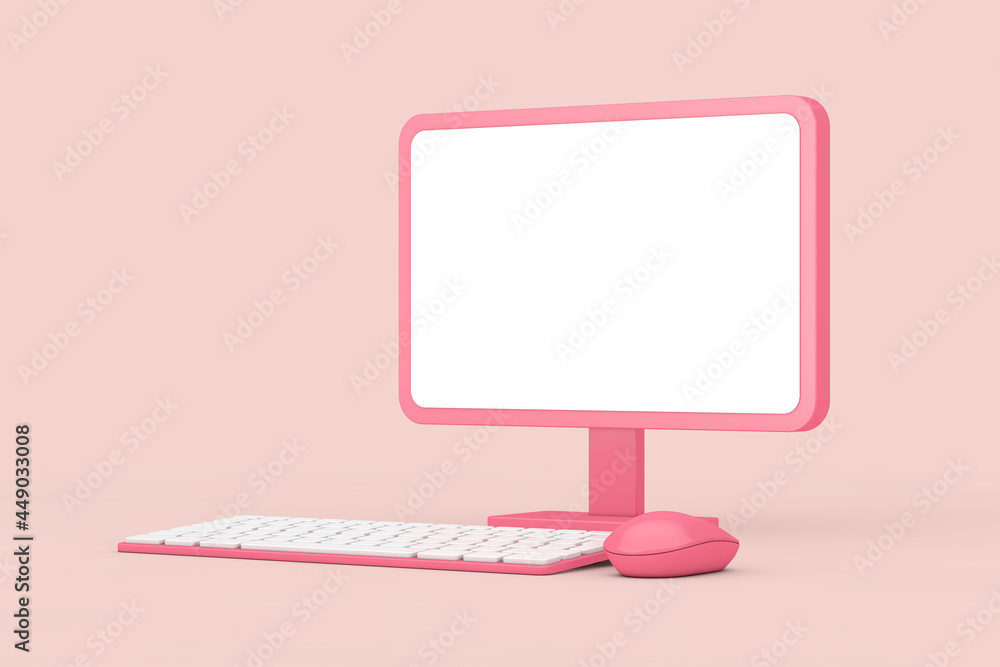 Poster abstract cartoon pink desktop computer with mouse, keyboard and blank screen for your design in duot