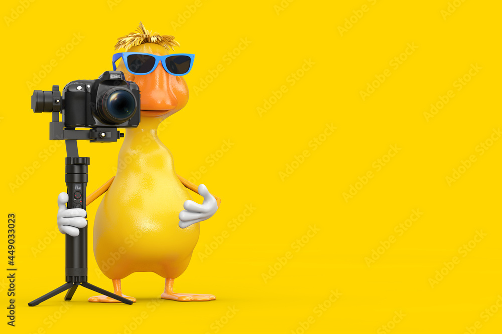 Aufkleber cute yellow cartoon duck person character mascot with dslr or video camera gimbal stabilization trip